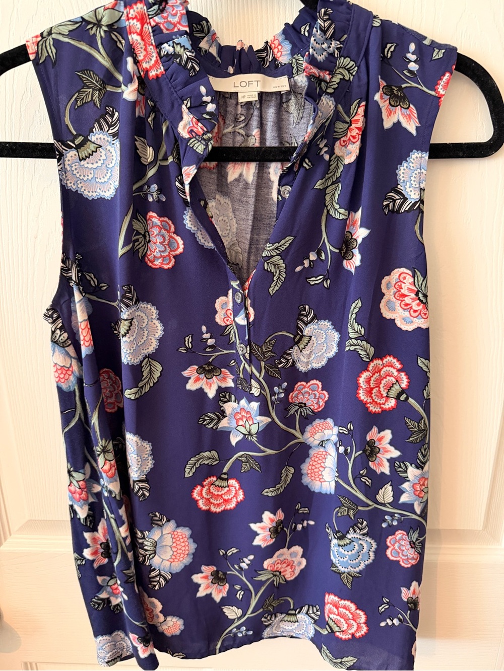 LOFT Navy Floral Sleeveless Ruffled Split V-Neck Camisole
